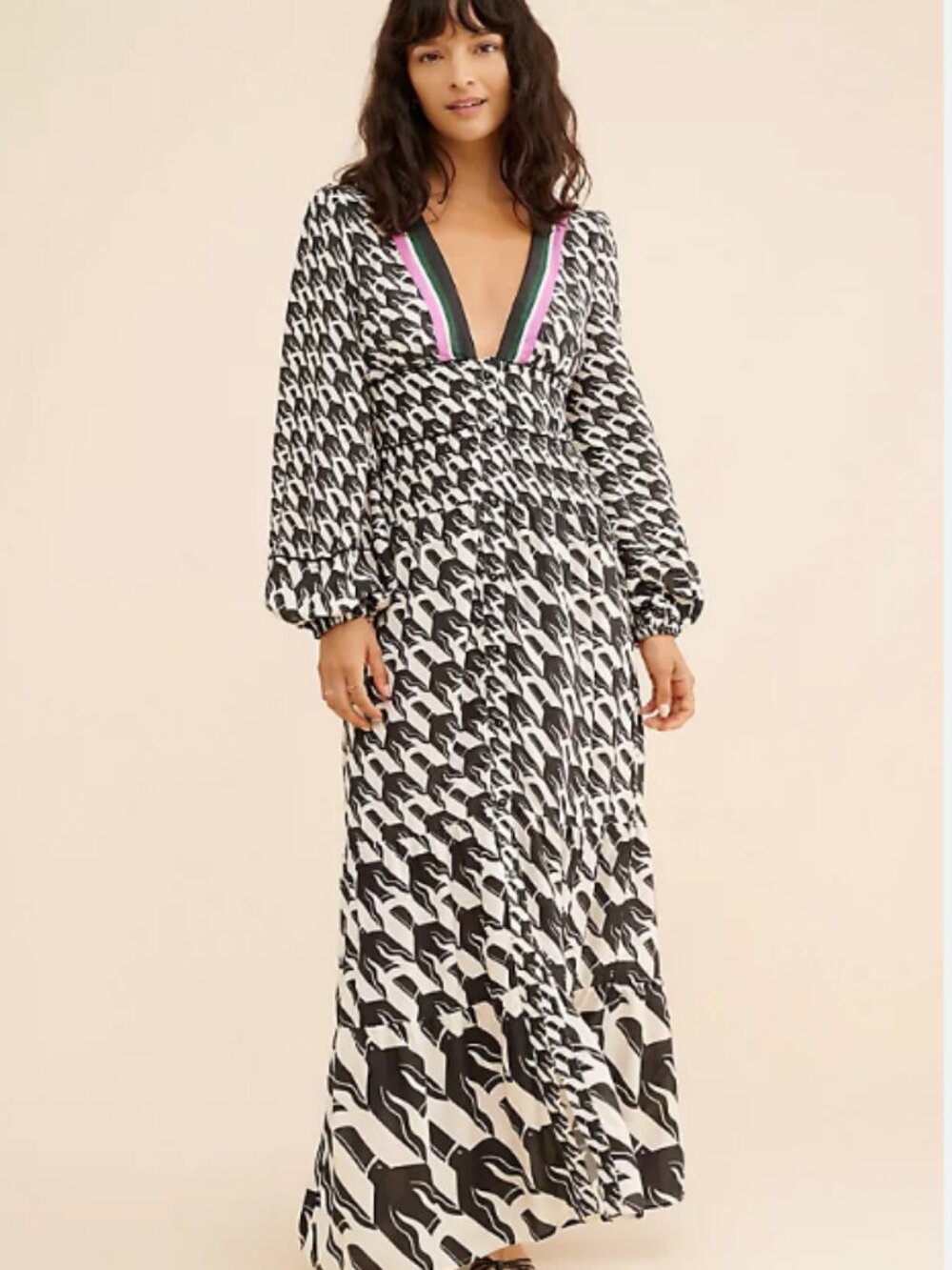 Farm Rio x Anthropologie Long-Sleeve V-Neck Maxi Dress (Size M)